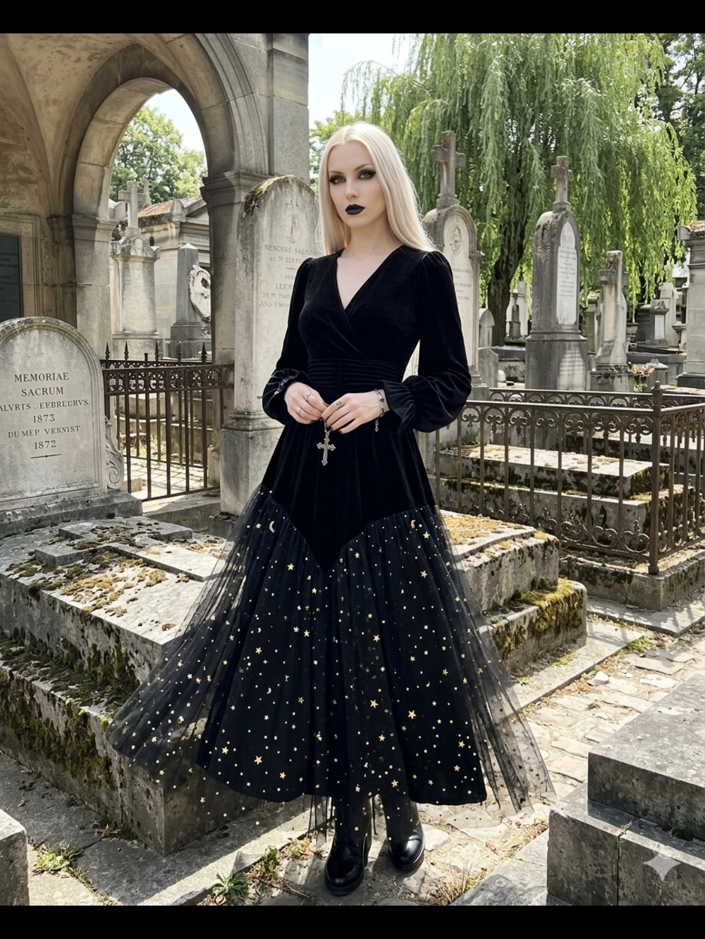 Black Velvet Maxi Dress with Gold Star Tulle Overlay
